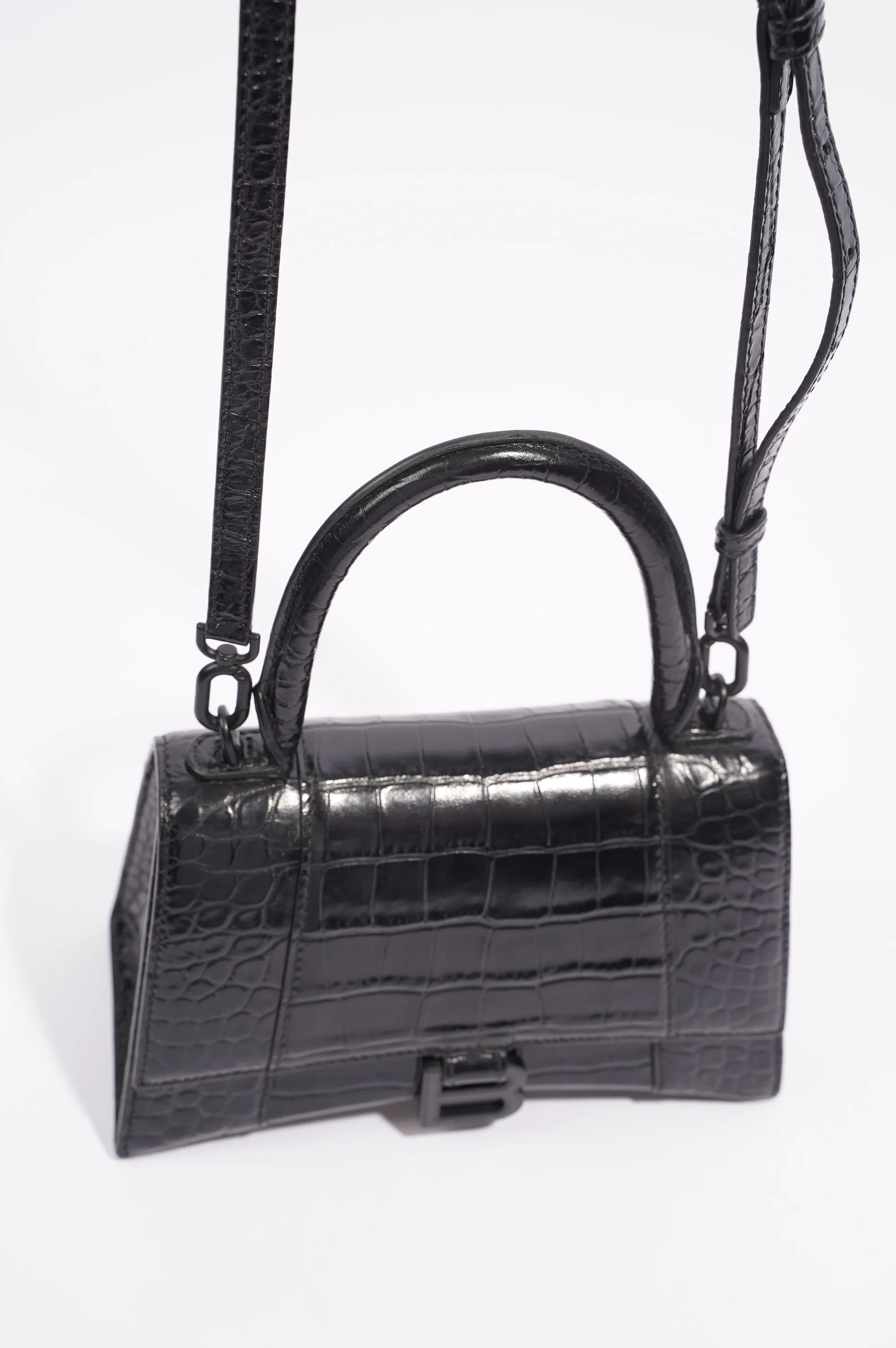 Balenciaga Womens Hourglass Black Croc Small