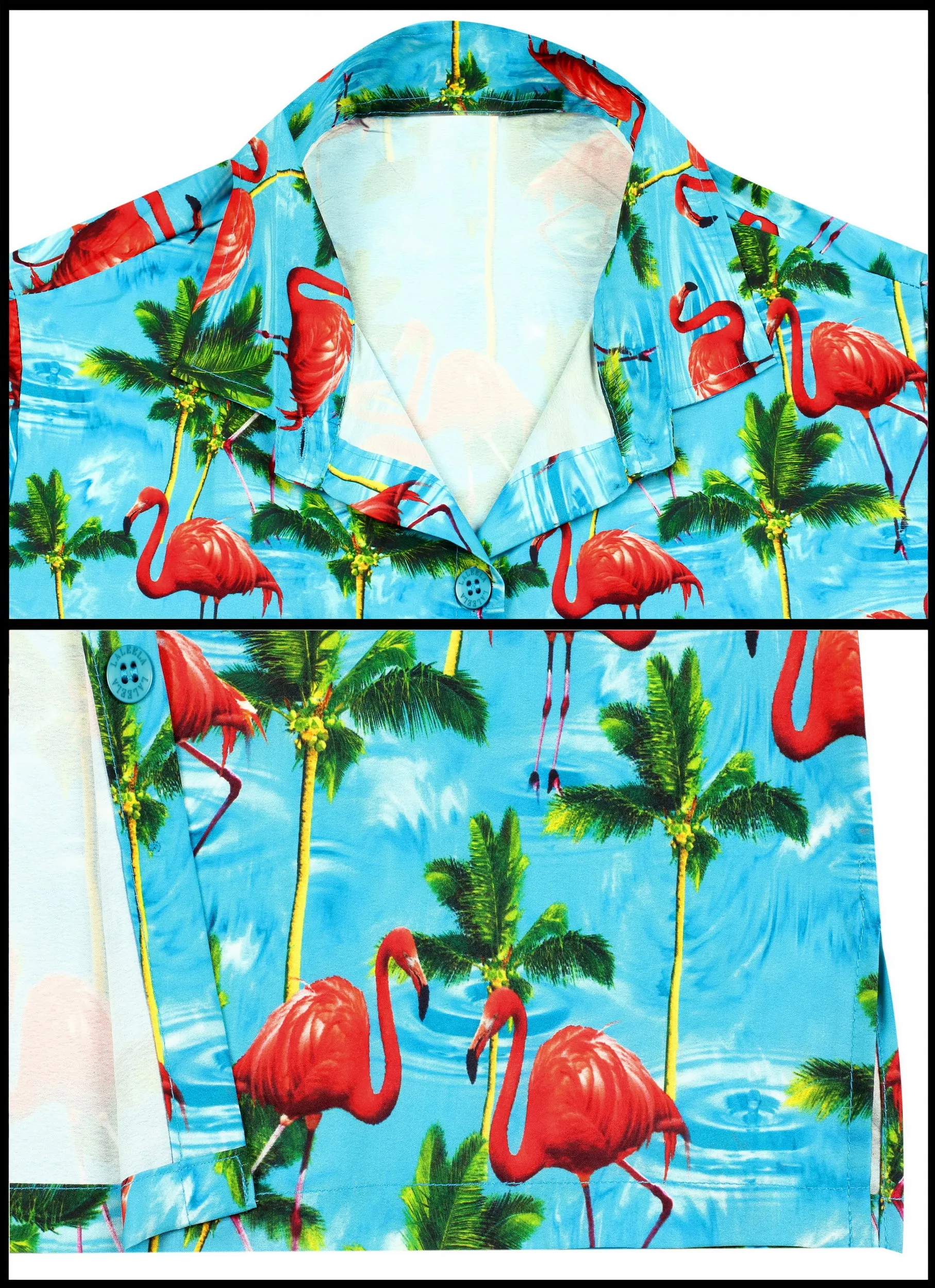 Blue Allover Palm Tree and Flamingo Printed Pardise Shirt For Women