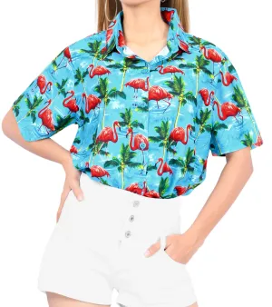 Blue Allover Palm Tree and Flamingo Printed Pardise Shirt For Women