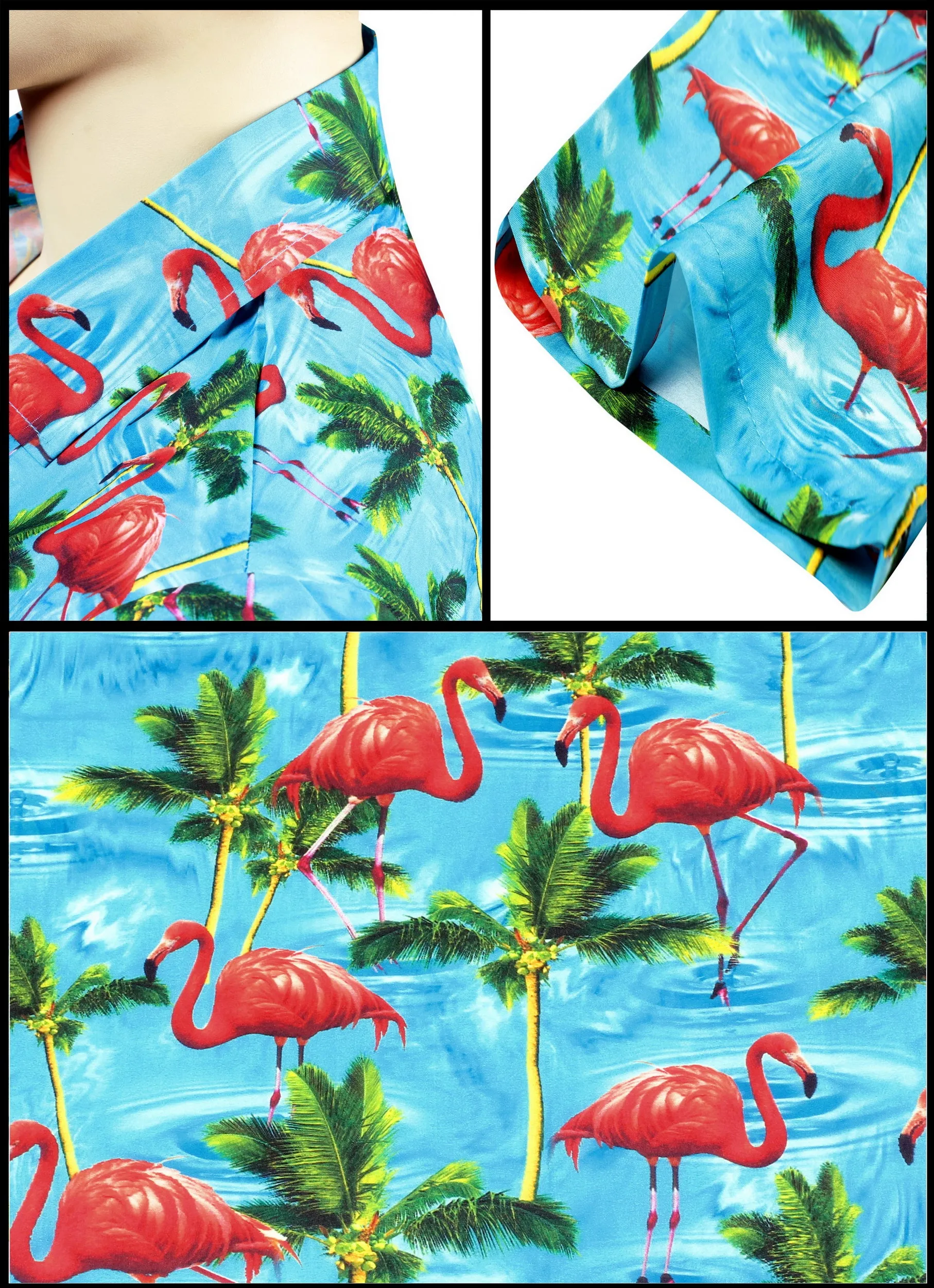 Blue Allover Palm Tree and Flamingo Printed Pardise Shirt For Women