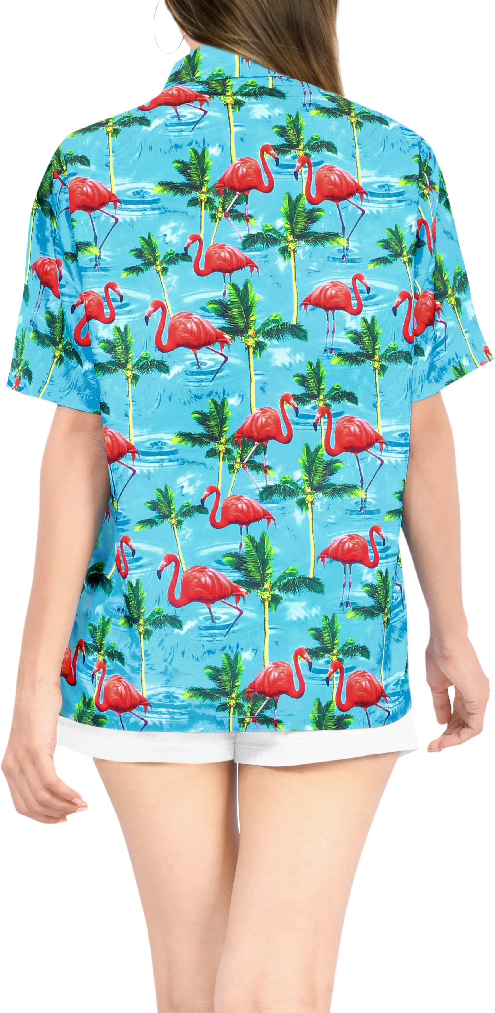 Blue Allover Palm Tree and Flamingo Printed Pardise Shirt For Women
