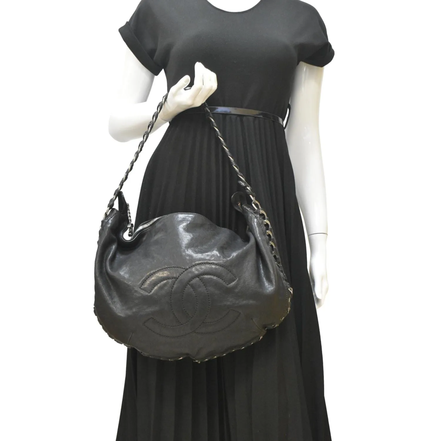 CL Modern Chain Calfskin Leather Hobo Bag Black