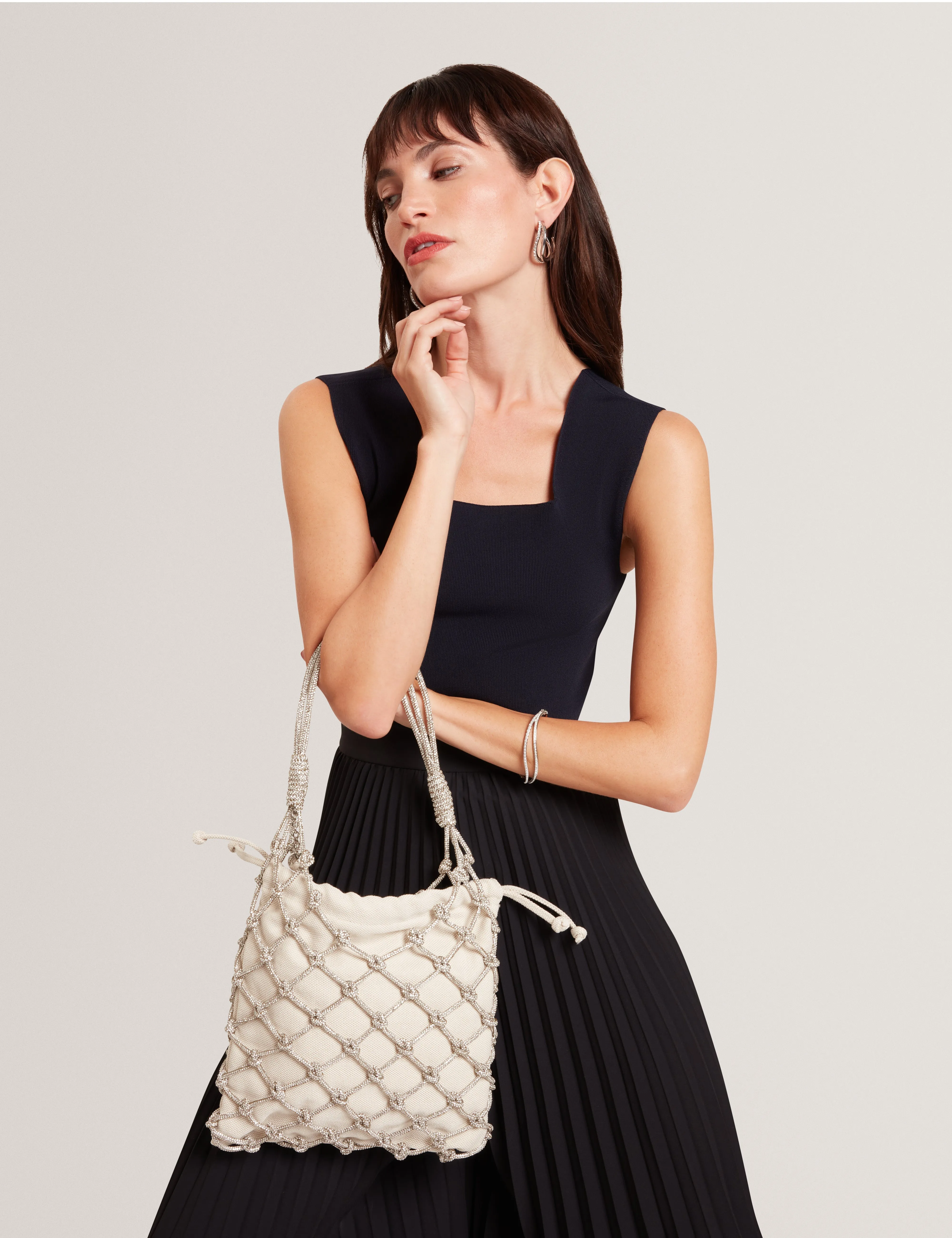 Kylisa Knotted Crystal Top Handle Mini Tote Bag Silver