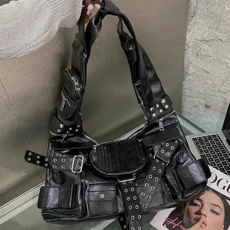 Luxury Moto Rivet Multiple Designer Knot Strap Pockets Shoulder Wide Bag