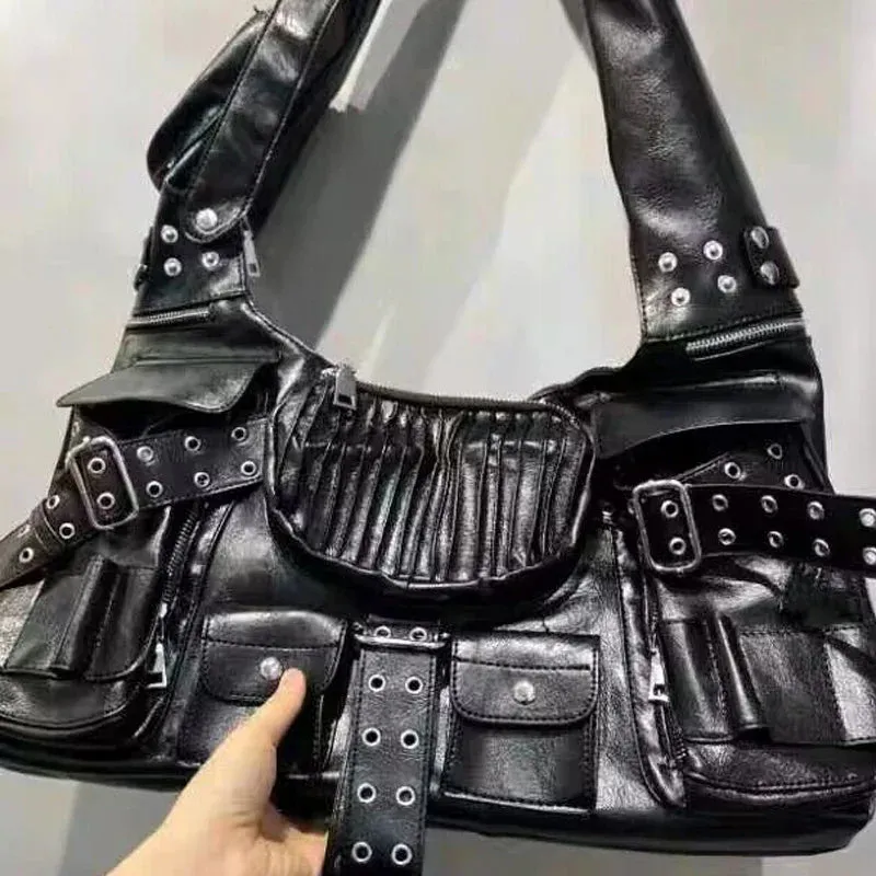 Luxury Moto Rivet Multiple Designer Knot Strap Pockets Shoulder Wide Bag