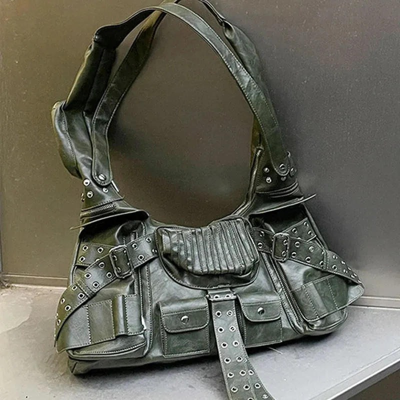 Luxury Moto Rivet Multiple Designer Knot Strap Pockets Shoulder Wide Bag