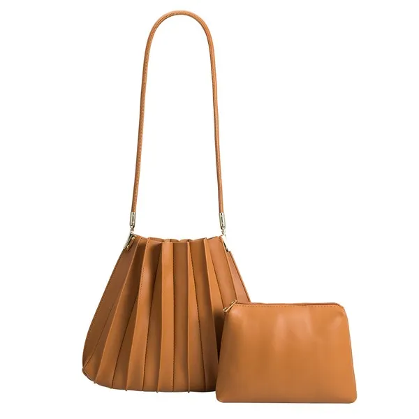Luxury Vegan Leather Pleated Design Bag (Tan)