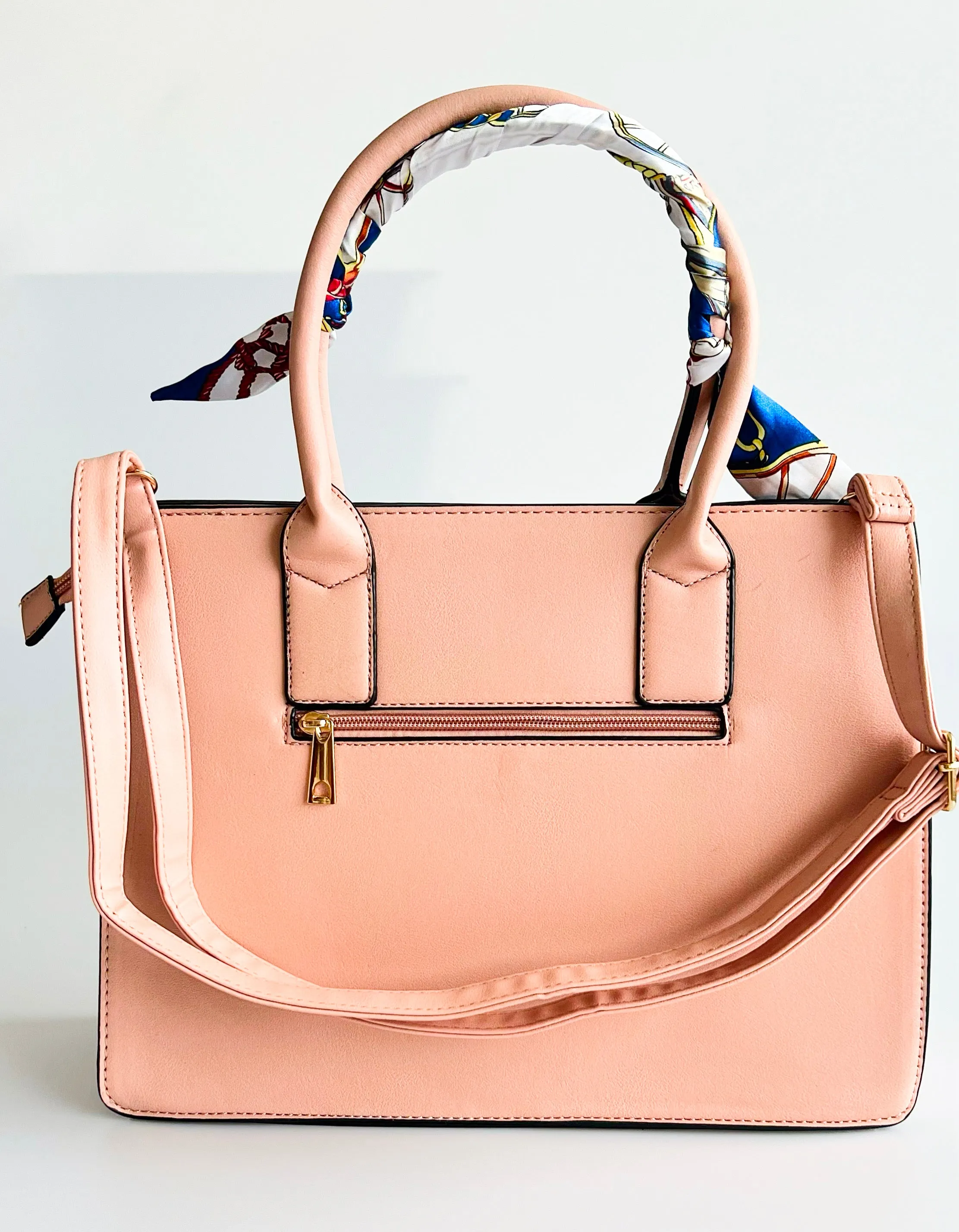 Scarf Handle Satchel Bag and Wallet Set - Blush
