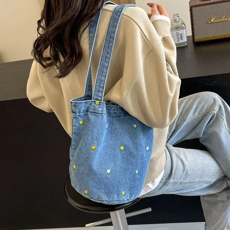 Sohiwoo Sewing Thread Hasp Solid Denim Elegant Handbags for Women 2024 Versatile Basic Style Embroidery Concise Casual Shoulder Bags
