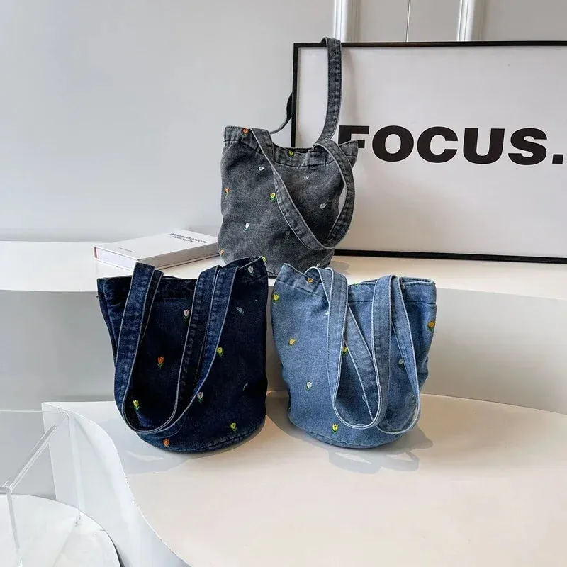 Sohiwoo Sewing Thread Hasp Solid Denim Elegant Handbags for Women 2024 Versatile Basic Style Embroidery Concise Casual Shoulder Bags