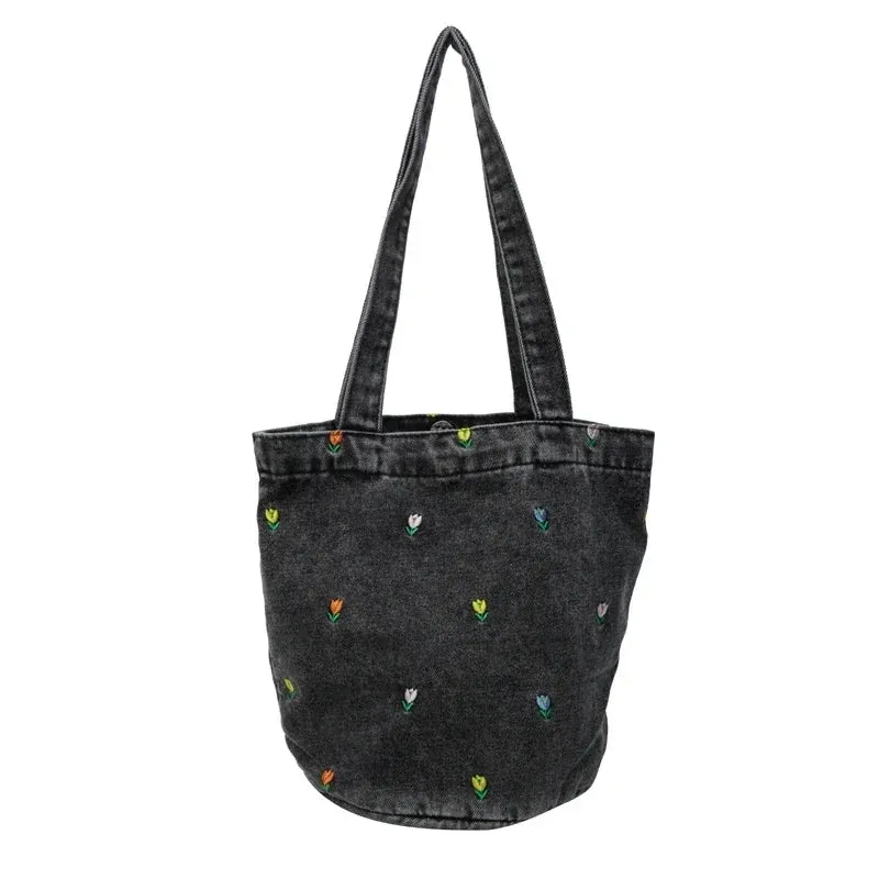 Sohiwoo Sewing Thread Hasp Solid Denim Elegant Handbags for Women 2024 Versatile Basic Style Embroidery Concise Casual Shoulder Bags
