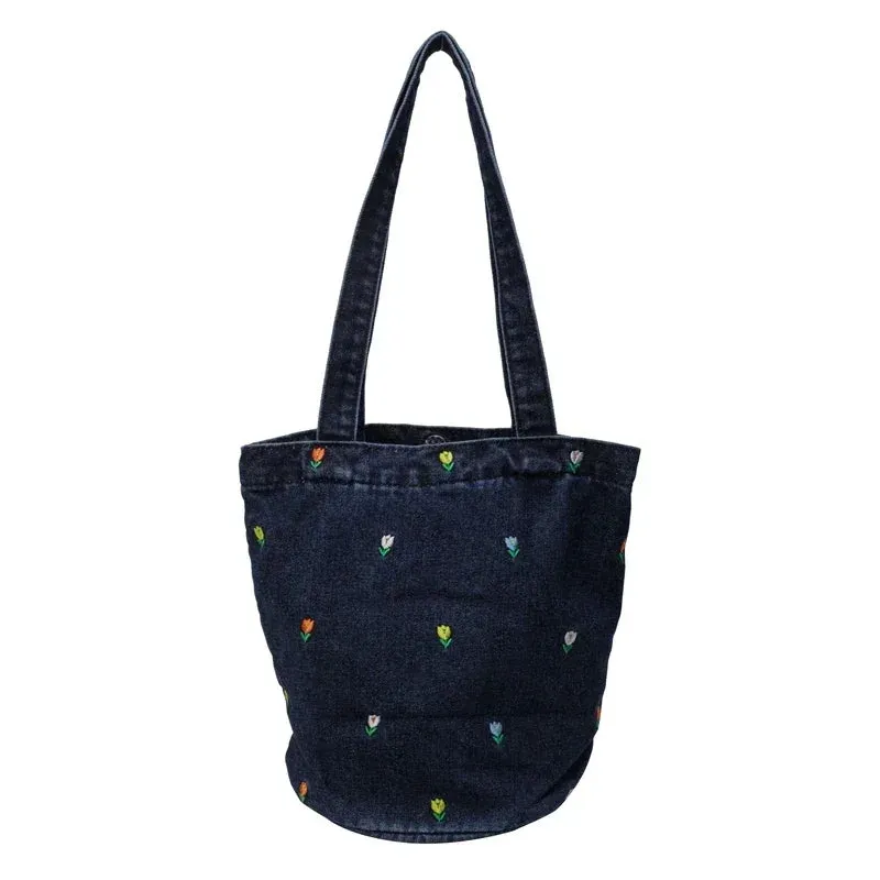 Sohiwoo Sewing Thread Hasp Solid Denim Elegant Handbags for Women 2024 Versatile Basic Style Embroidery Concise Casual Shoulder Bags