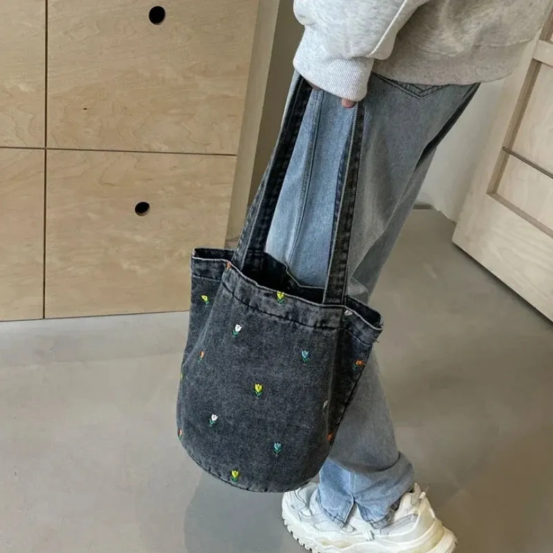Sohiwoo Sewing Thread Hasp Solid Denim Elegant Handbags for Women 2024 Versatile Basic Style Embroidery Concise Casual Shoulder Bags