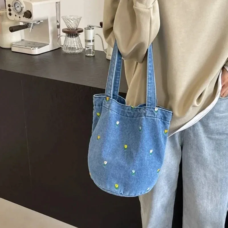 Sohiwoo Sewing Thread Hasp Solid Denim Elegant Handbags for Women 2024 Versatile Basic Style Embroidery Concise Casual Shoulder Bags