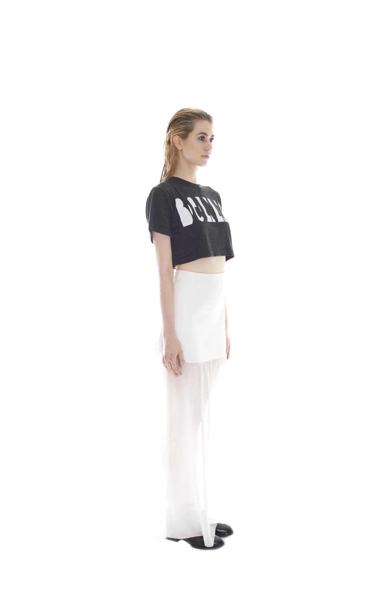 WHITE VEGAN LEATHER AND CHIFFON MAXI SKIRT