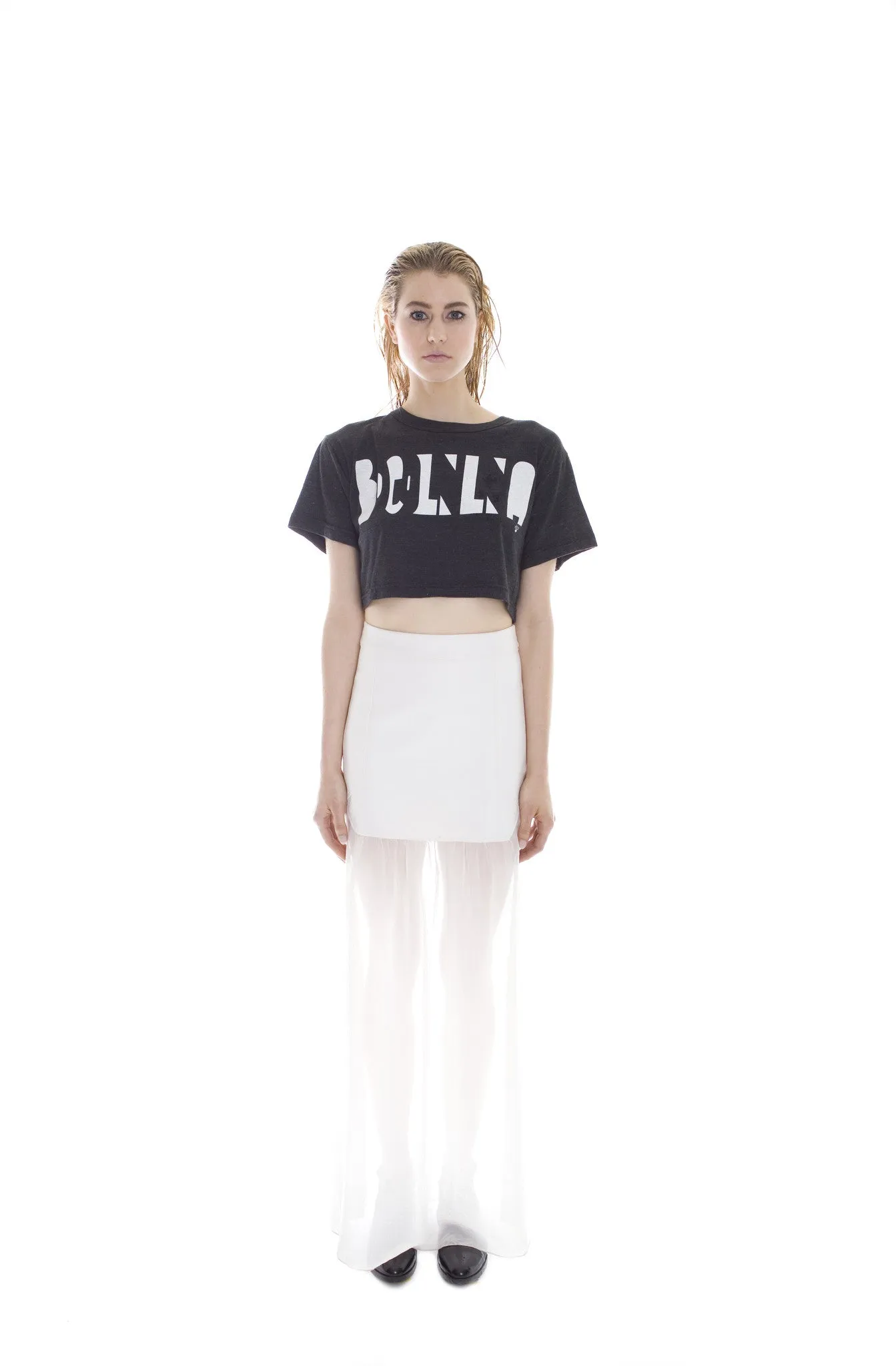 WHITE VEGAN LEATHER AND CHIFFON MAXI SKIRT